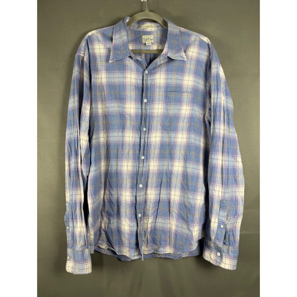 J. Crew Button Down Shirt Women XL Blue Plaid Cotton Linen Twill Slim Fit